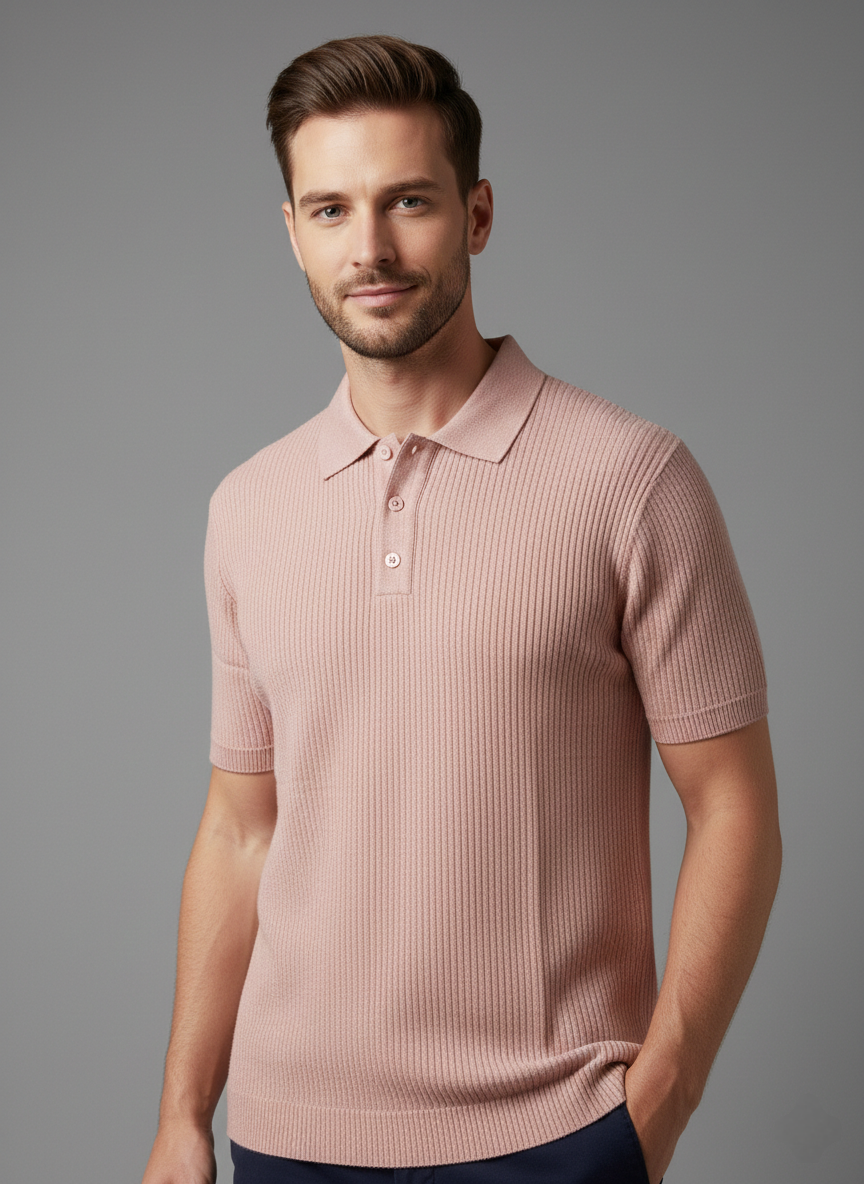 Pink White Striped Knitted Polo Cotton T-shirt