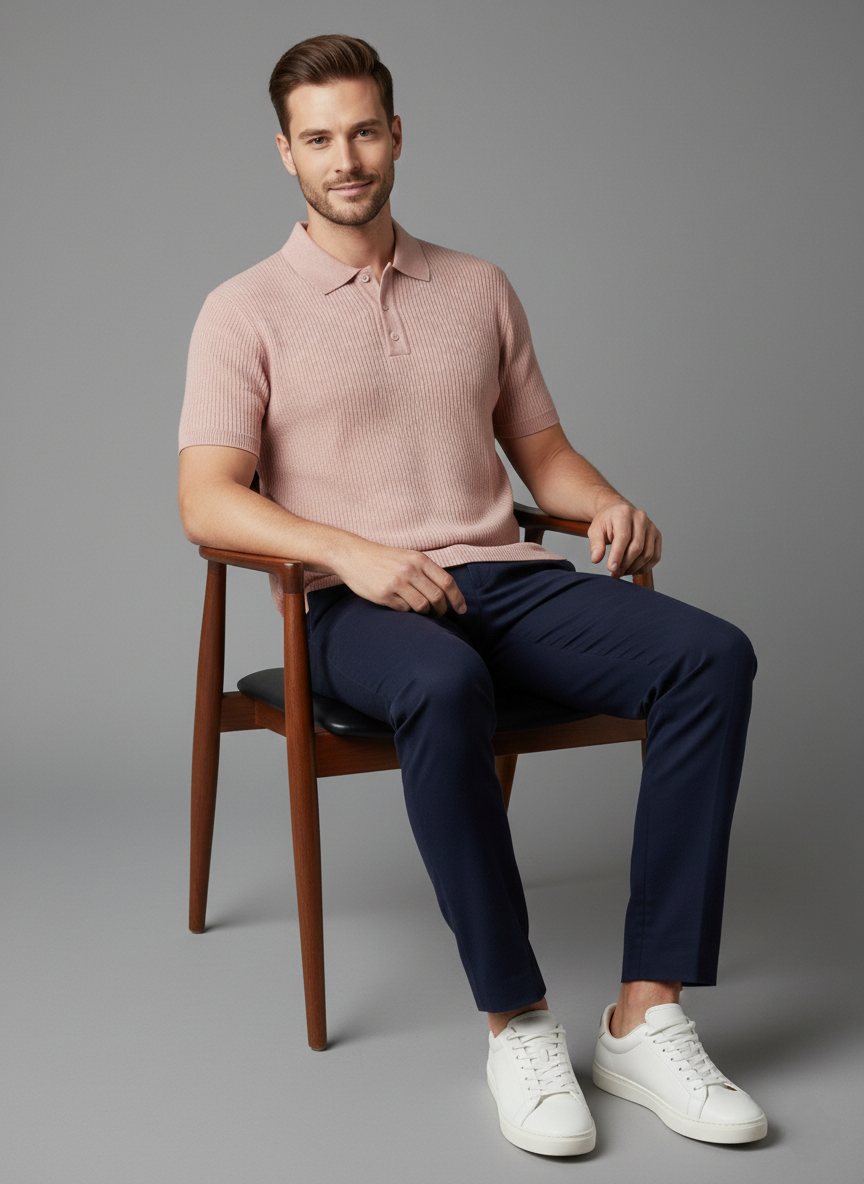 Pink White Striped Knitted Polo Cotton T-shirt