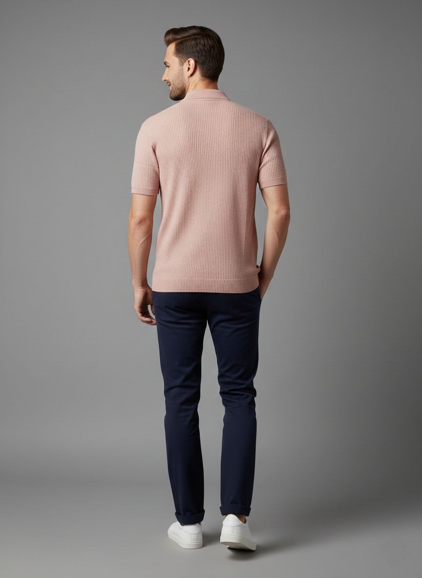 Pink White Striped Knitted Polo Cotton T-shirt