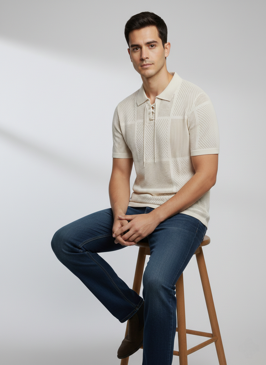 Luxury Creame Net Knitted Polo T-shirt