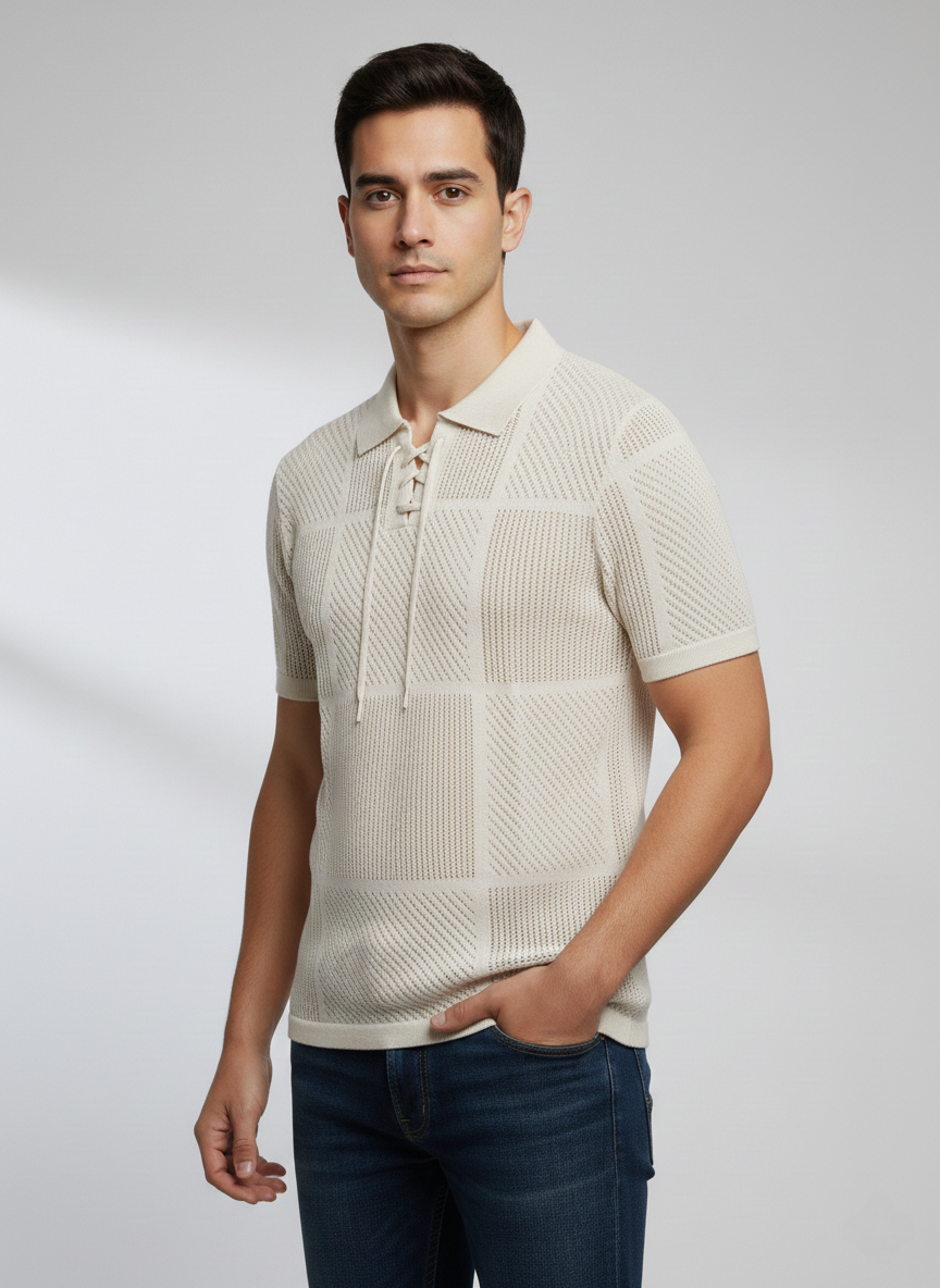 Luxury Creame Net Knitted Polo T-shirt
