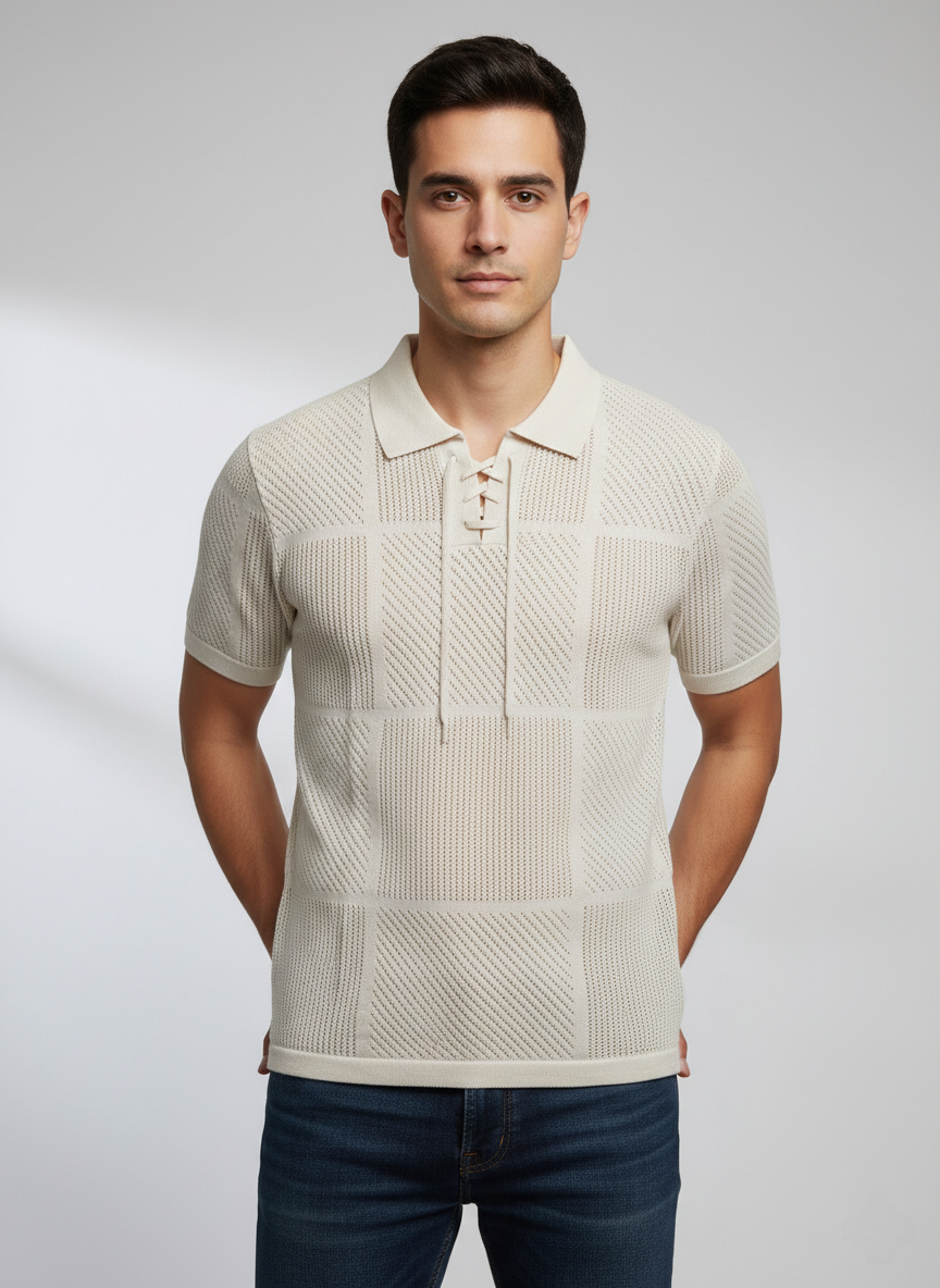 Luxury Creame Net Knitted Polo T-shirt