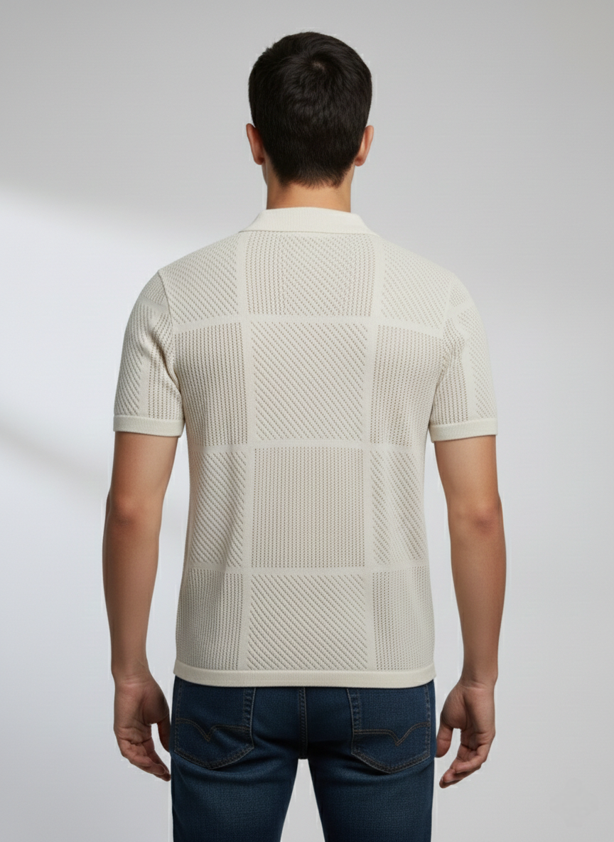 Luxury Creame Net Knitted Polo T-shirt