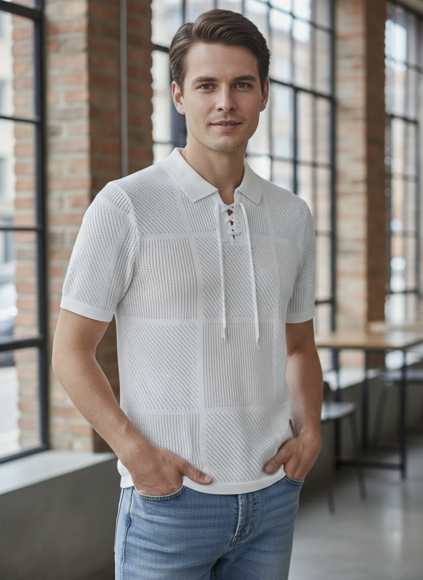 Luxury White Net Knitted Polo T-shirt