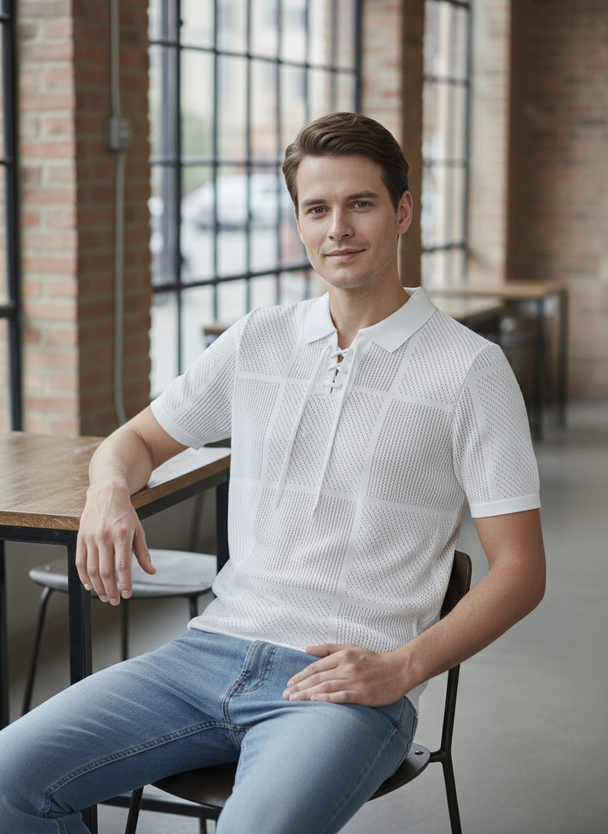 Luxury White Net Knitted Polo T-shirt