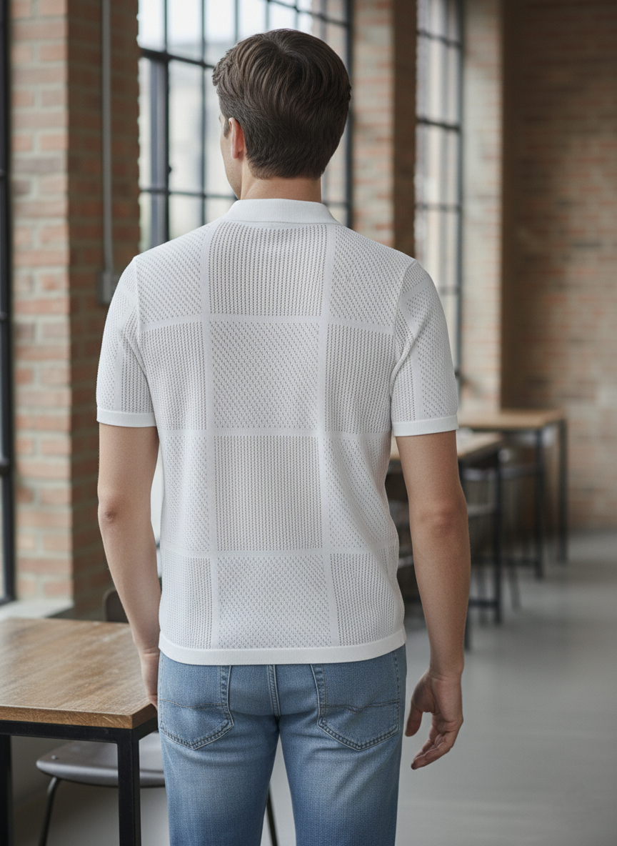 Luxury White Net Knitted Polo T-shirt