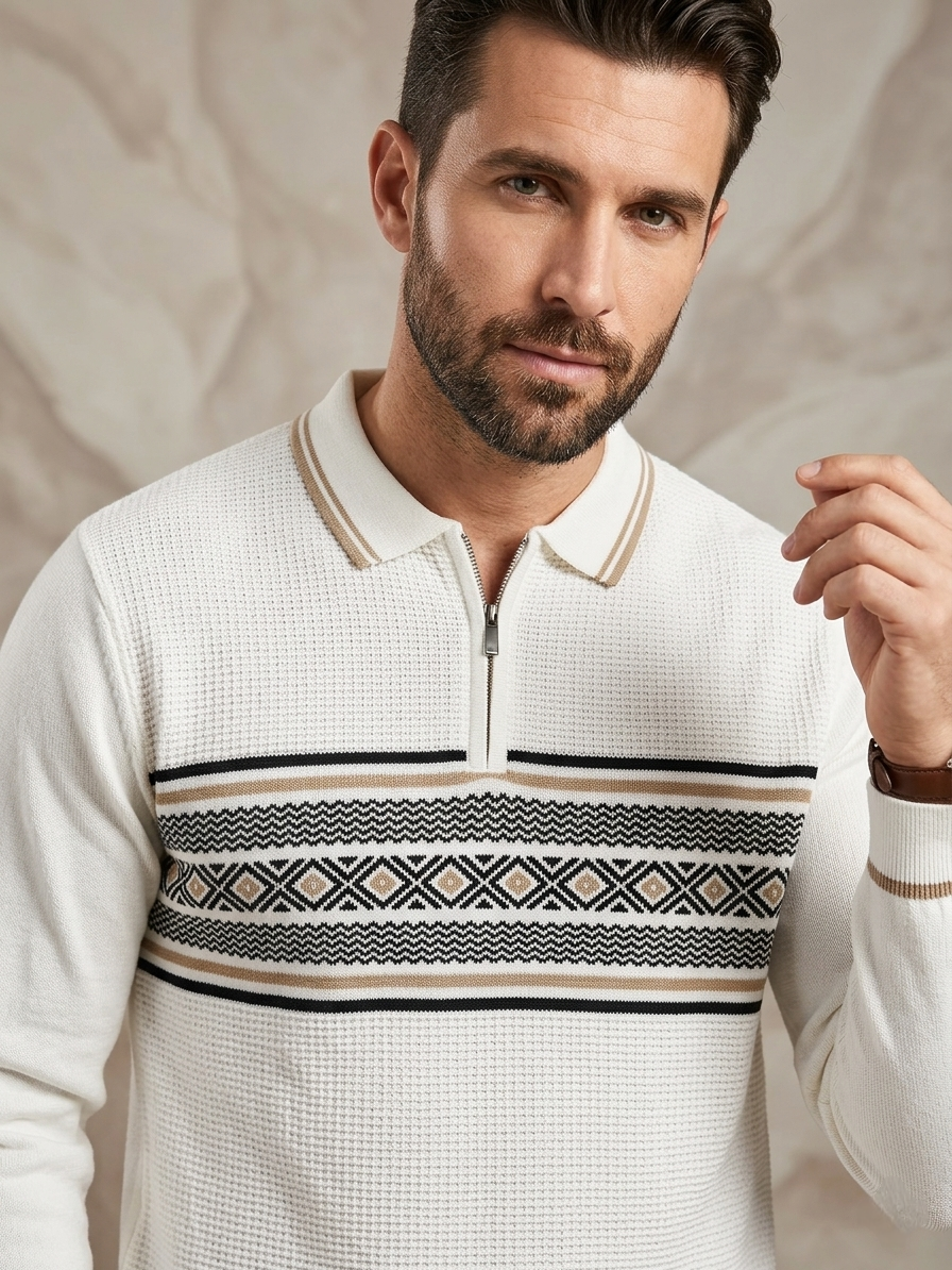 Full Sleeve Old Money Style White Knitted Polo T-shirt