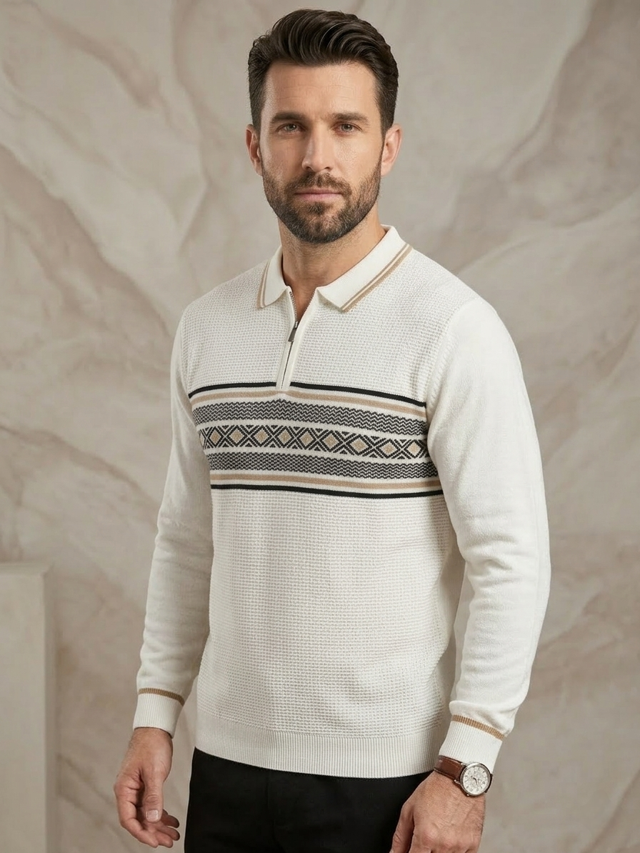 Full Sleeve Old Money Style White Knitted Polo T-shirt