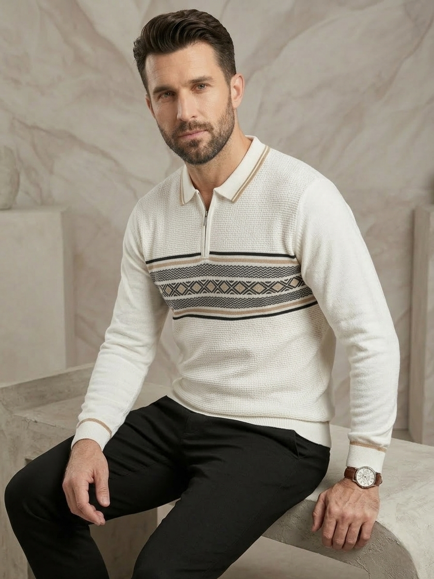 Full Sleeve Old Money Style White Knitted Polo T-shirt