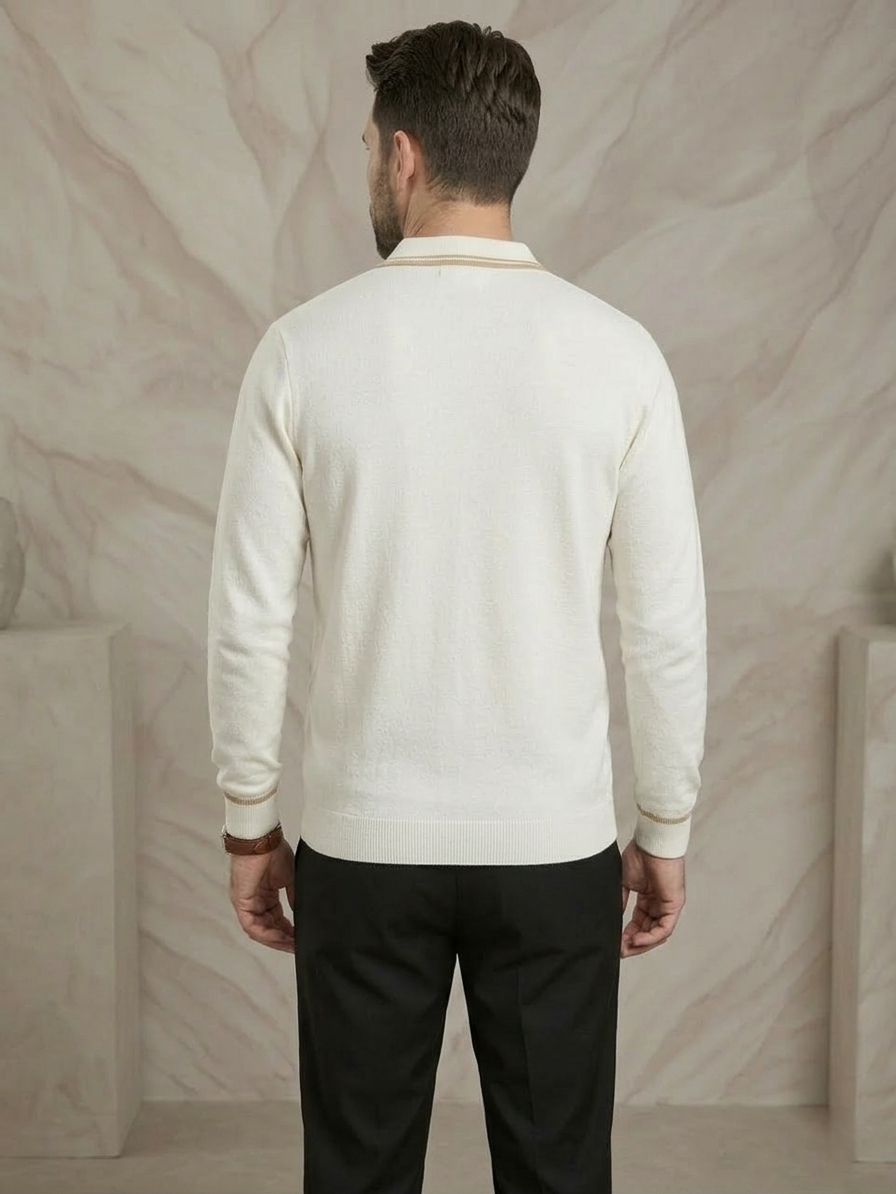 Full Sleeve Old Money Style White Knitted Polo T-shirt