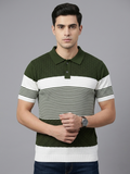 Olive & White Colorblock Knitted T-shirt - Slim Fit Polo for Men