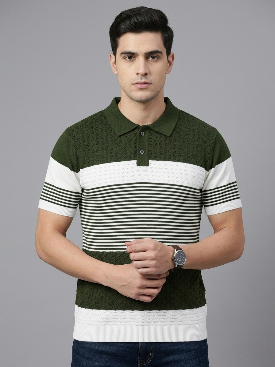 Olive & White Colorblock Knitted T-shirt - Slim Fit Polo for Men