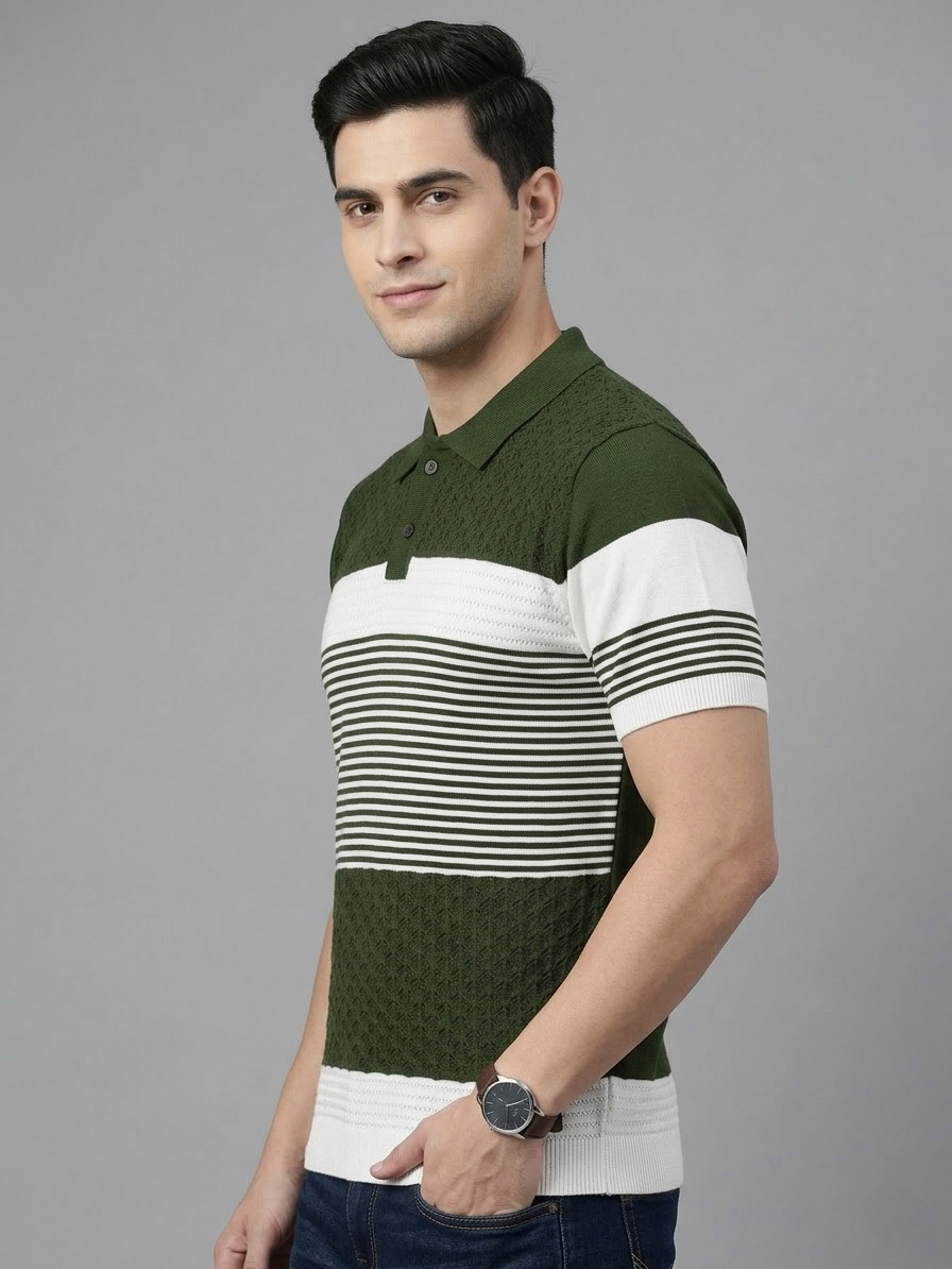 Olive & White Colorblock Knitted T-shirt - Slim Fit Polo for Men