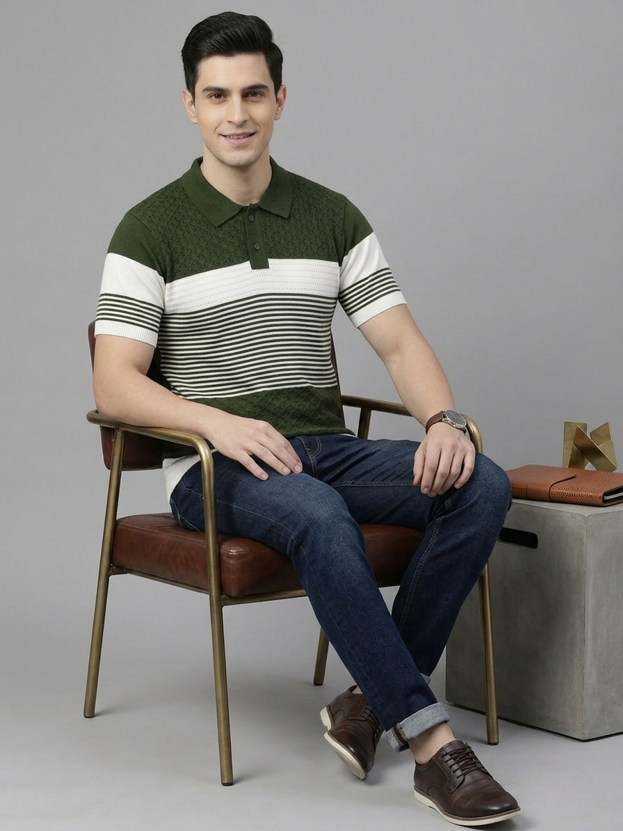 Olive & White Colorblock Knitted T-shirt - Slim Fit Polo for Men