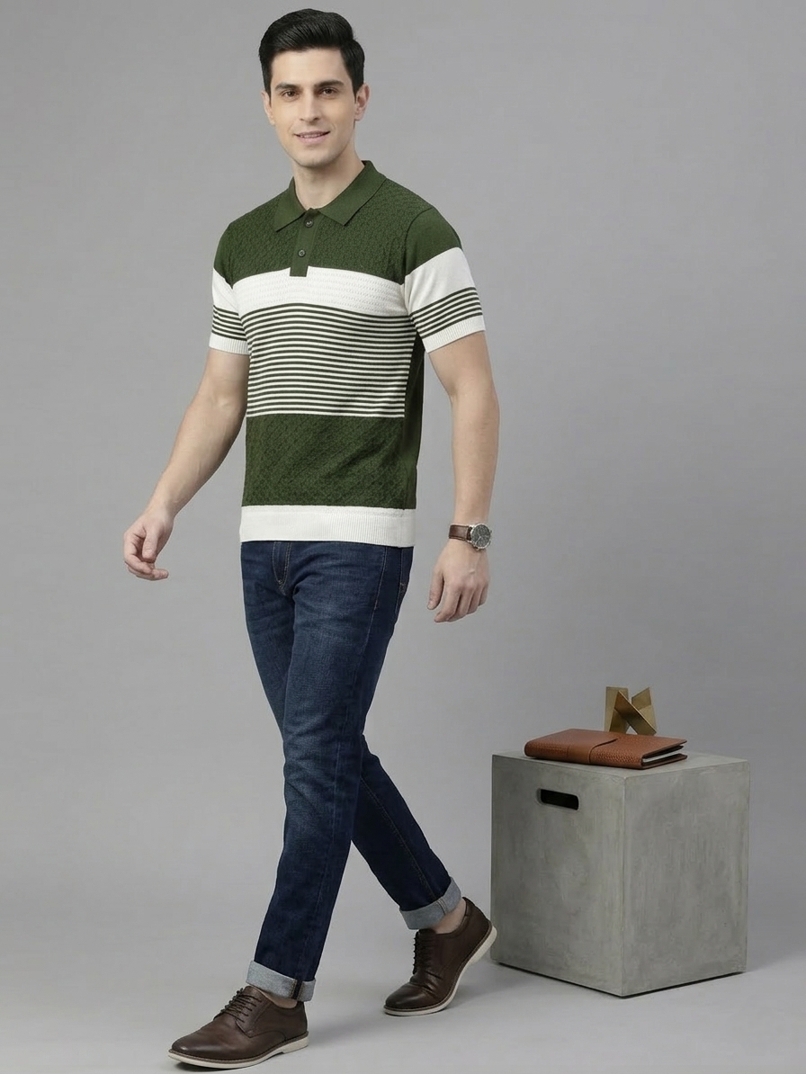 Olive & White Colorblock Knitted T-shirt - Slim Fit Polo for Men