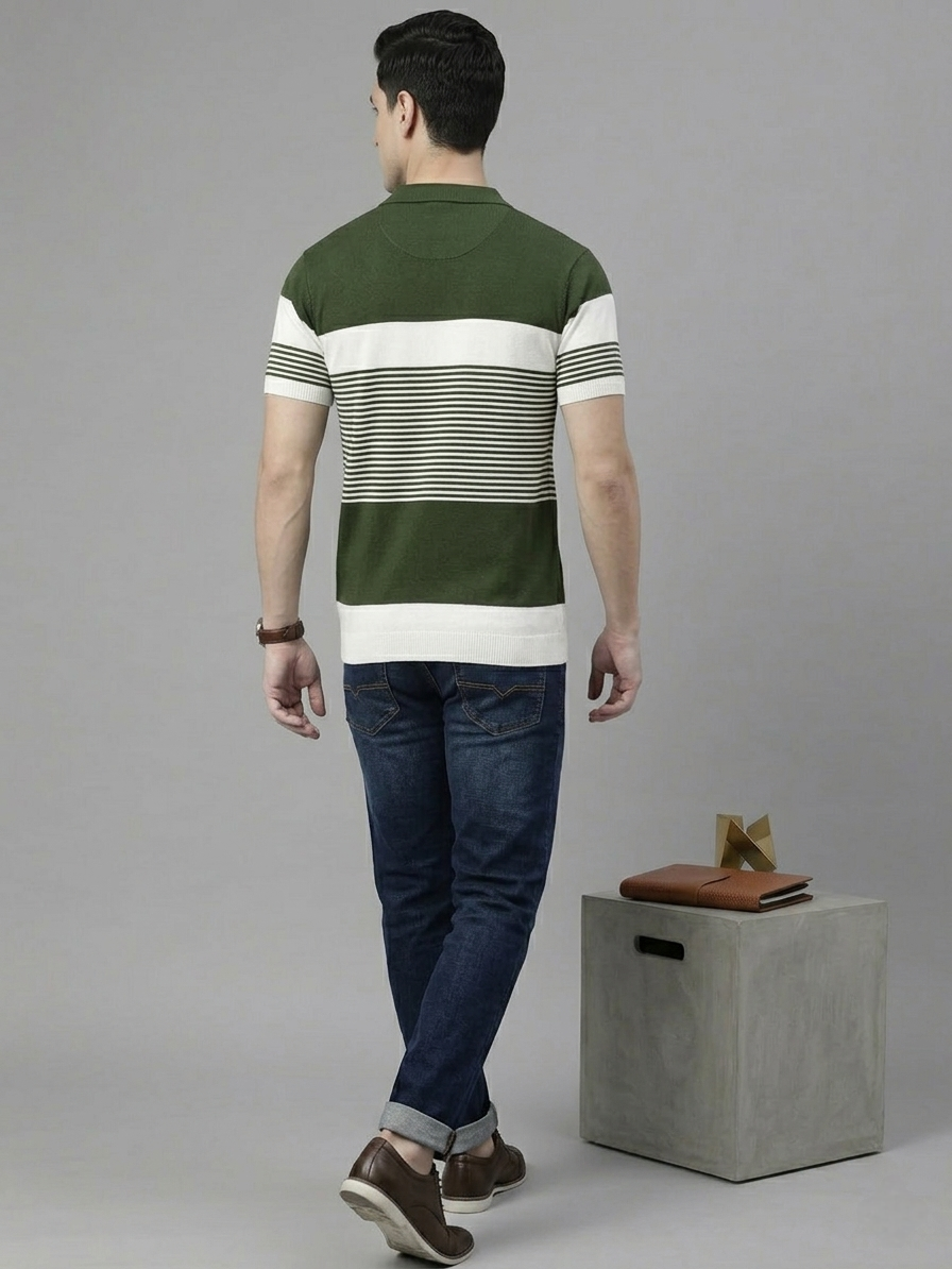 Olive & White Colorblock Knitted T-shirt - Slim Fit Polo for Men