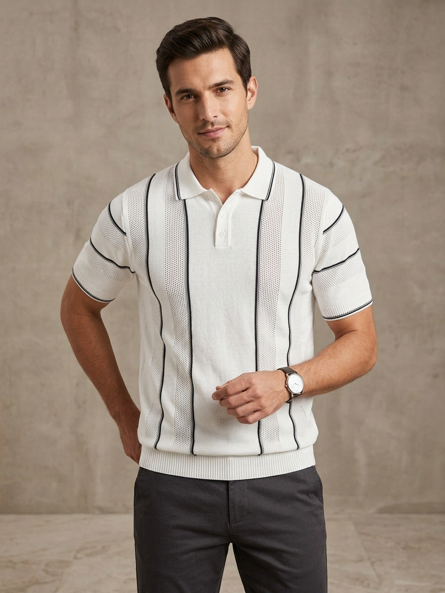 White Textured Knitted Polo T-Shirt
