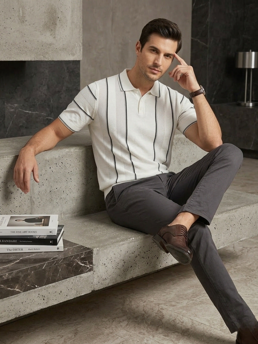White Textured Knitted Polo T-Shirt