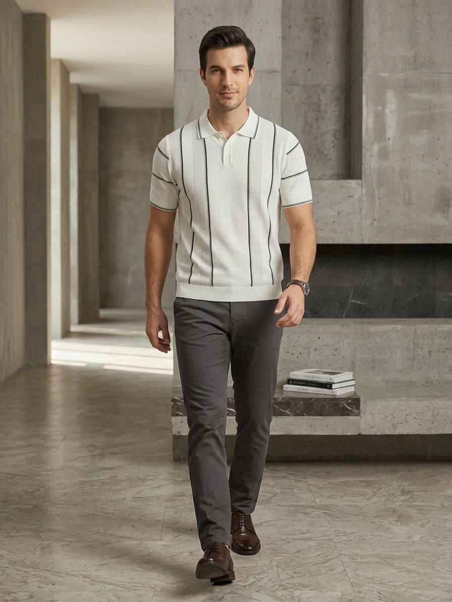 White Textured Knitted Polo T-Shirt