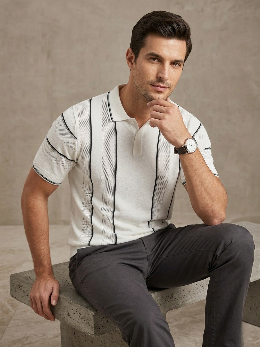 White Textured Knitted Polo T-Shirt