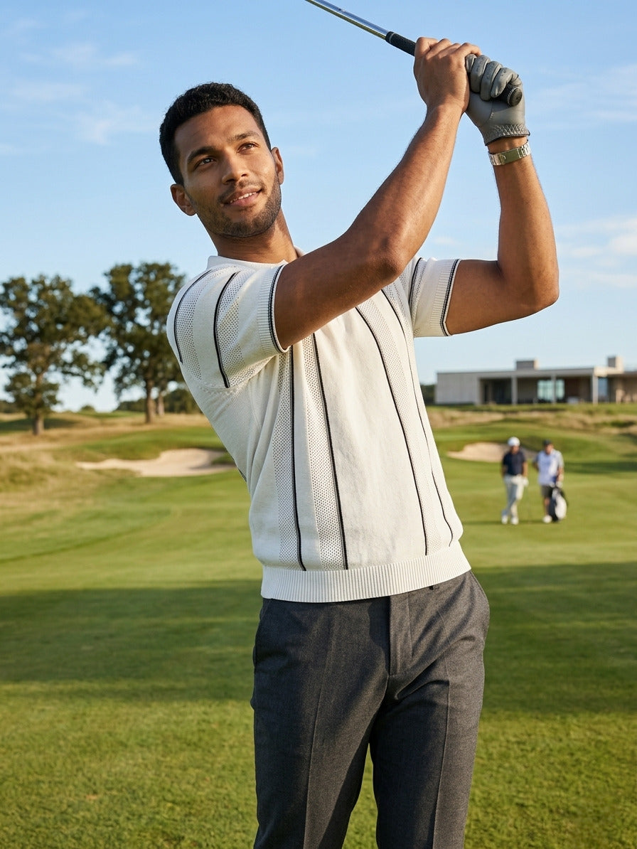 White Textured Knitted Polo T-Shirt