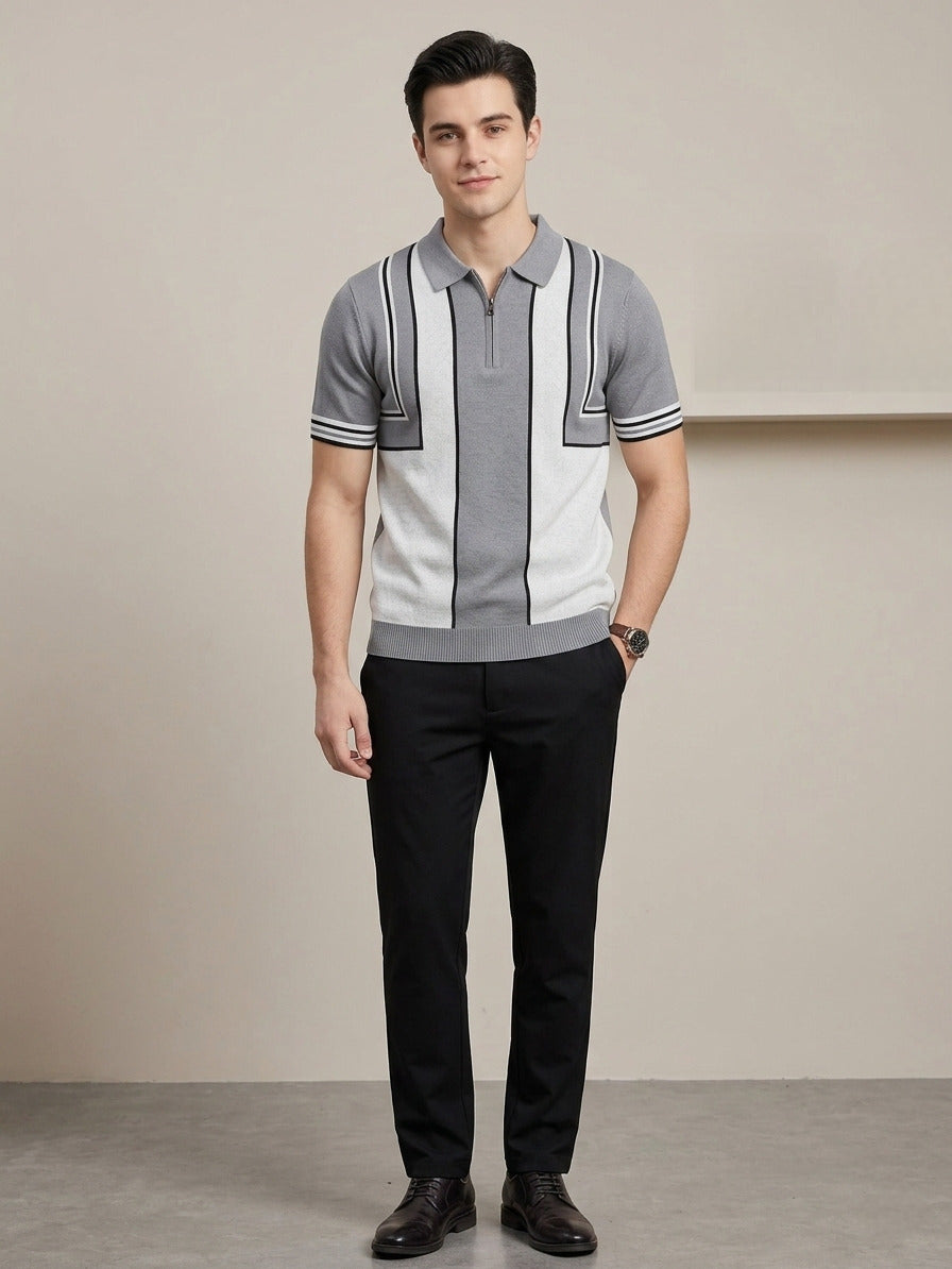 Slim Fit Cotton Colourblocked Flat Knit Polo T-Shirt