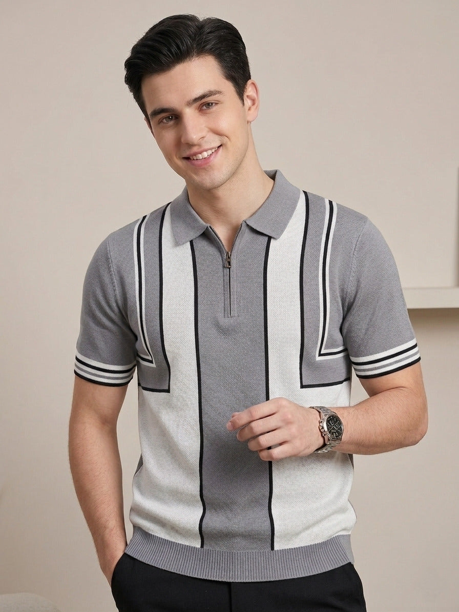 Slim Fit Cotton Colourblocked Flat Knit Polo T-Shirt