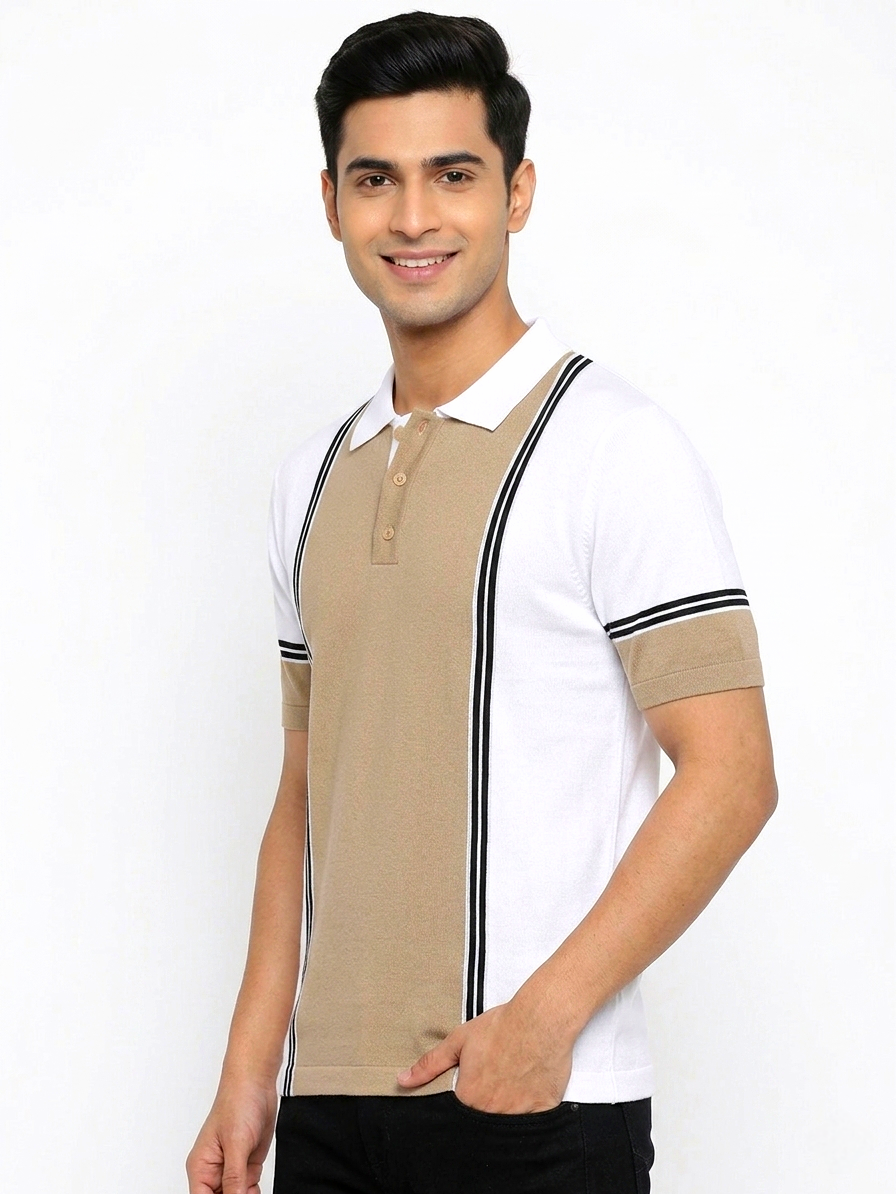Luxury Beige White Old Money Style Knitted Polo T-shirt