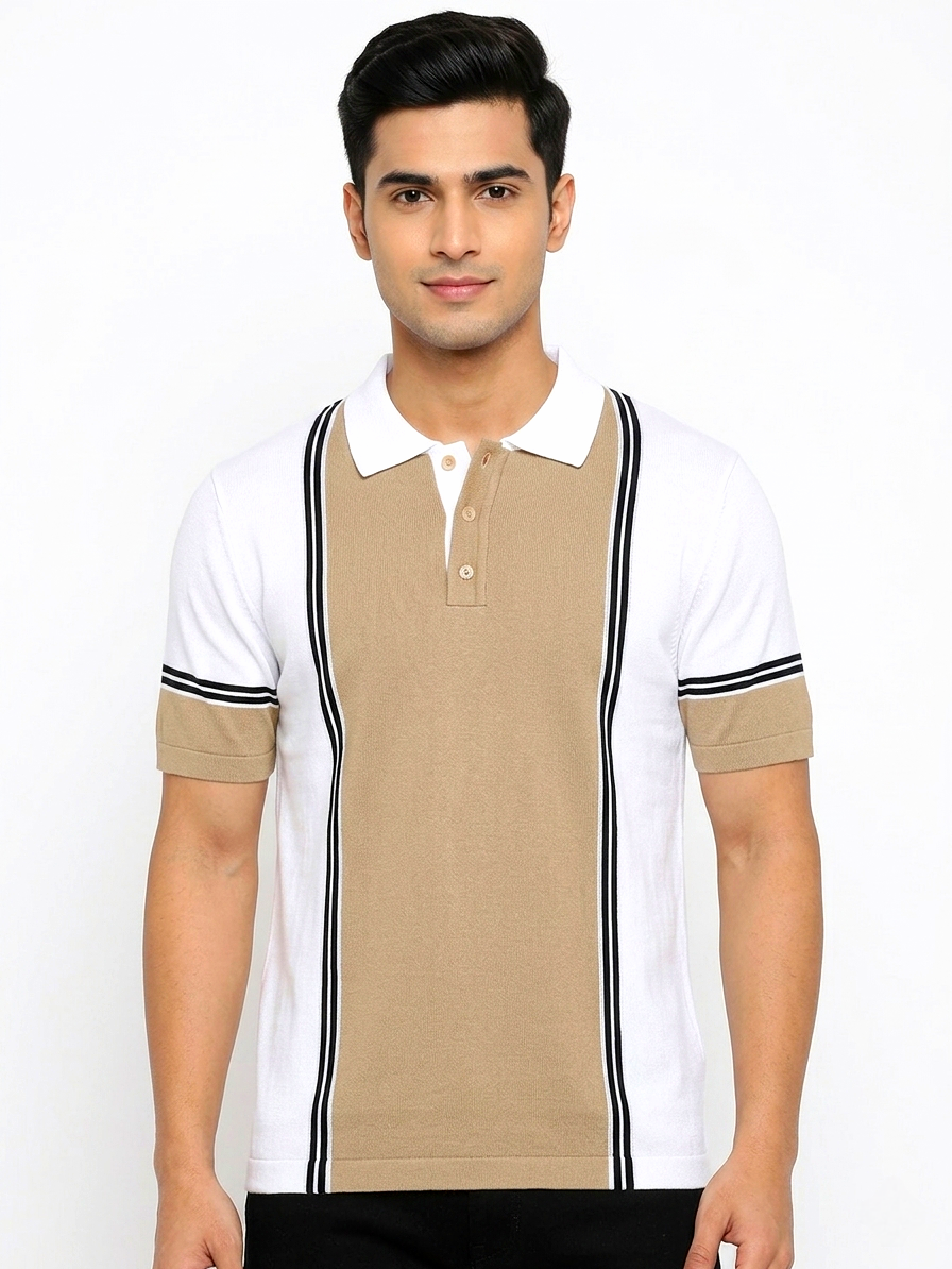 Luxury Beige White Old Money Style Knitted Polo T-shirt