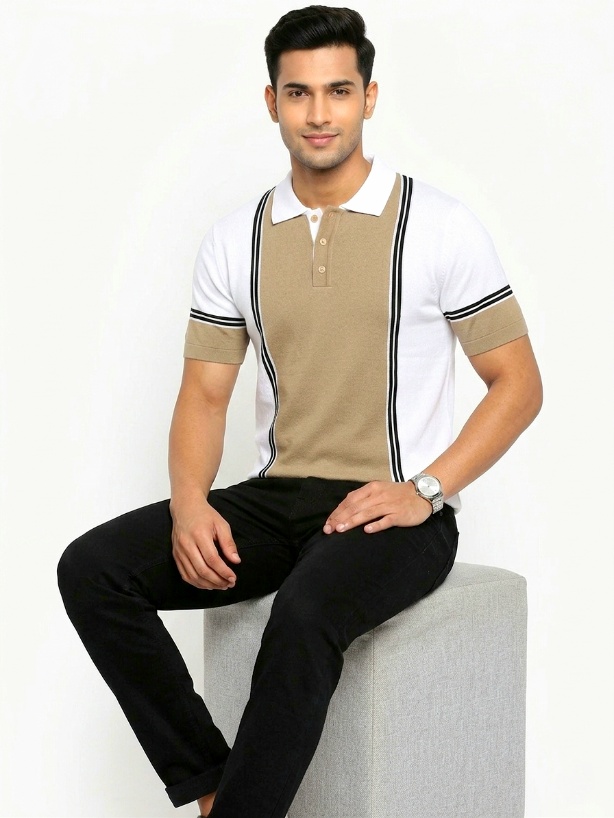 Luxury Beige White Old Money Style Knitted Polo T-shirt