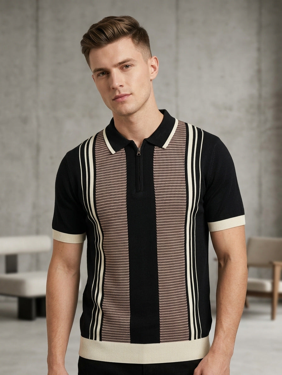 Raimbera Men's Slim Fit Striped Cotton Flatknit T-shirt- Black & Peach