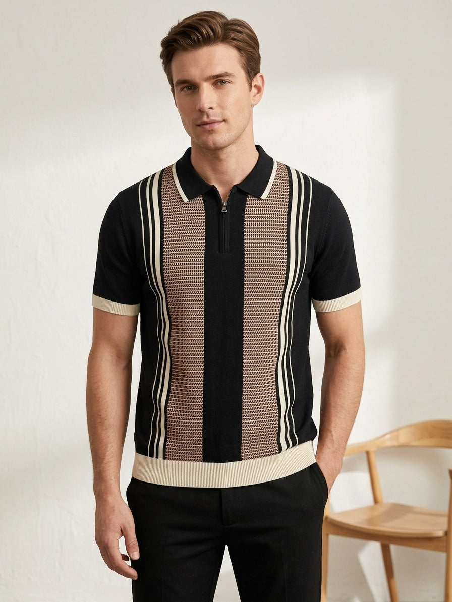 Raimbera Men's Slim Fit Striped Cotton Flatknit T-shirt- Black & Peach