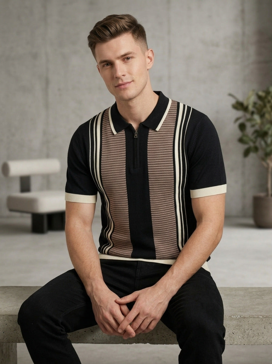Raimbera Men's Slim Fit Striped Cotton Flatknit T-shirt- Black & Peach