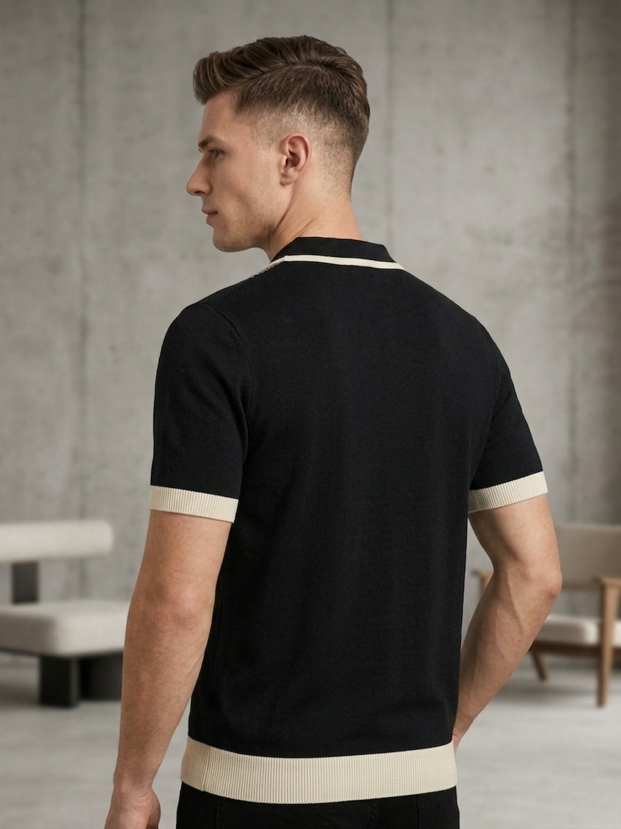 Raimbera Men's Slim Fit Striped Cotton Flatknit T-shirt- Black & Peach