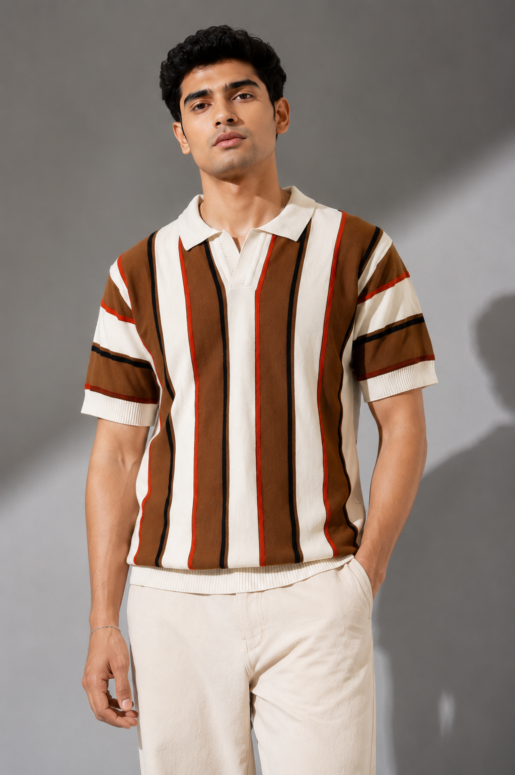 Raimbera  Men's Retro Vertical  Stripe Knit polo T-Shirt