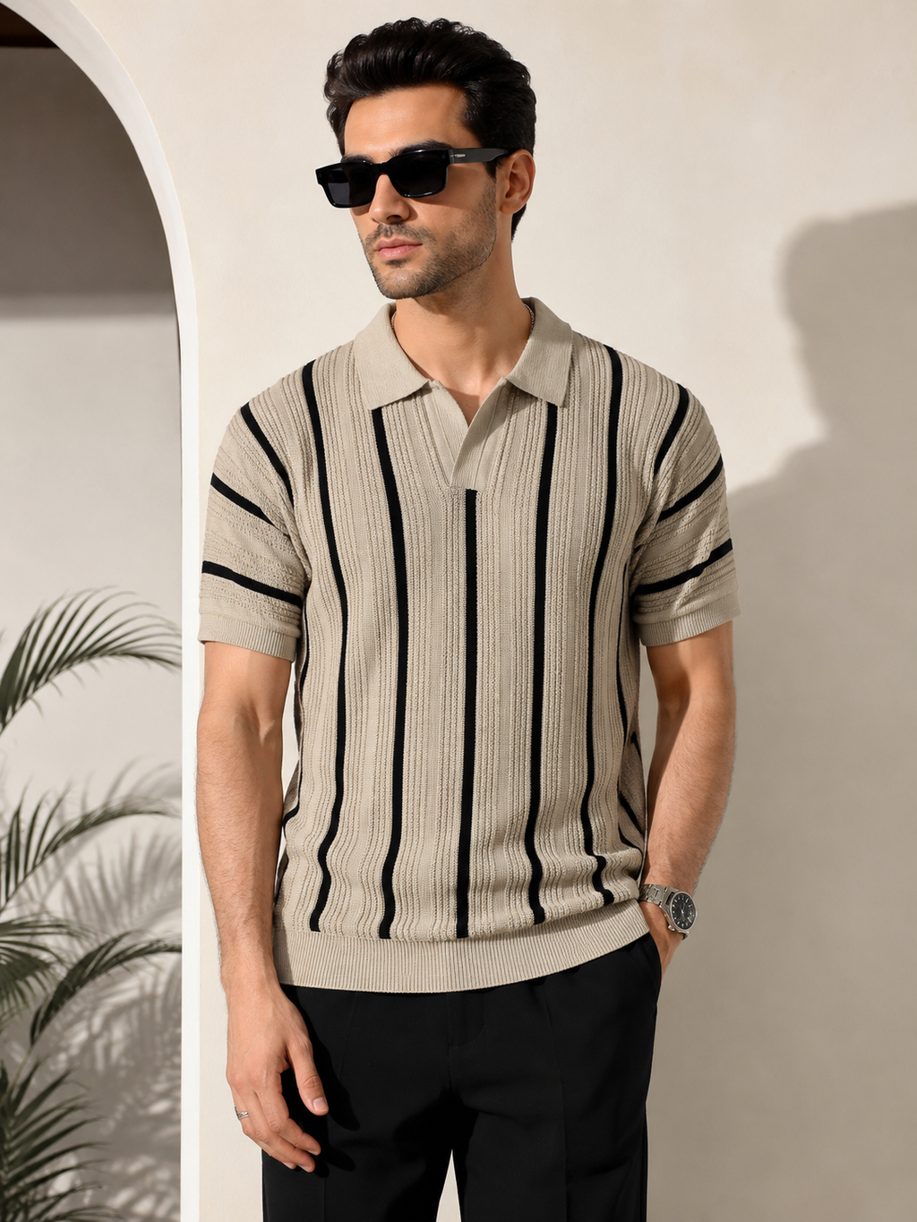 Raimbera Men's Vertical Striped Polo T-Shirt- Beige & Black