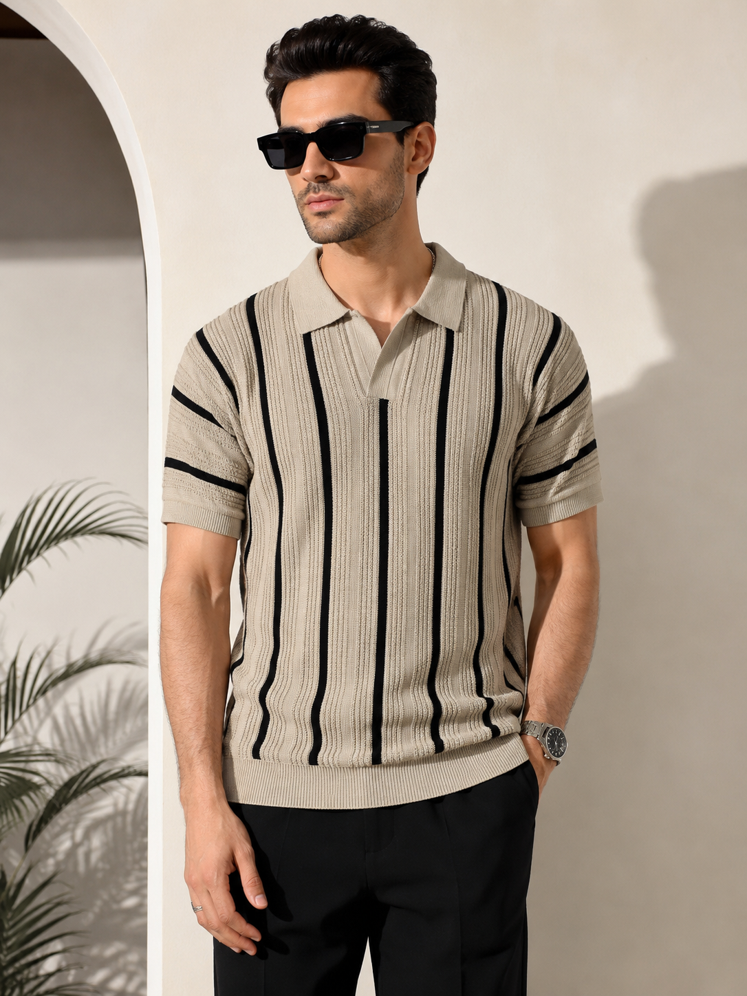 Raimbera Men's Vertical Striped Polo T-Shirt- Beige & Black