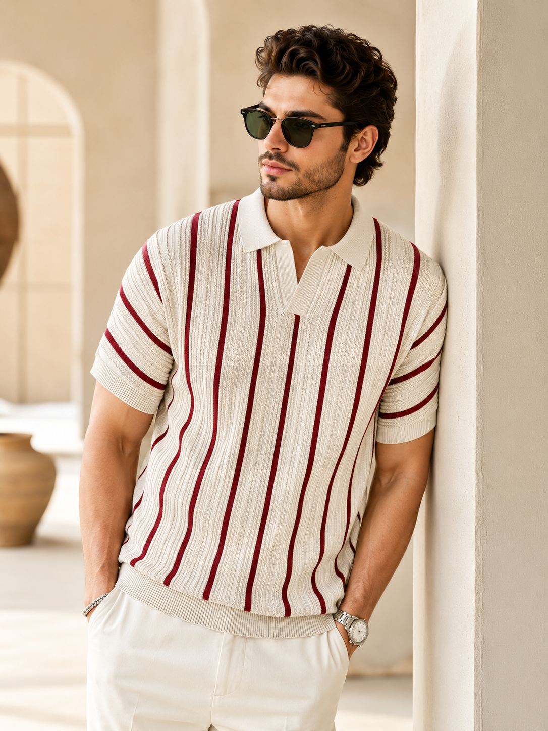 Raimbera  Men's Vertical Striped Polo T-Shirt  - Cream & Maroon