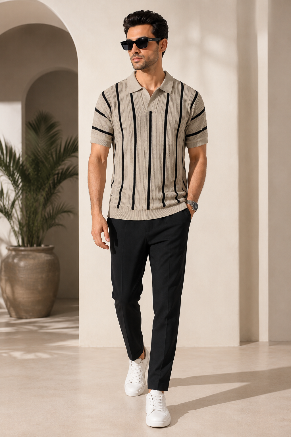 Raimbera Men's Vertical Striped Polo T-Shirt- Beige & Black