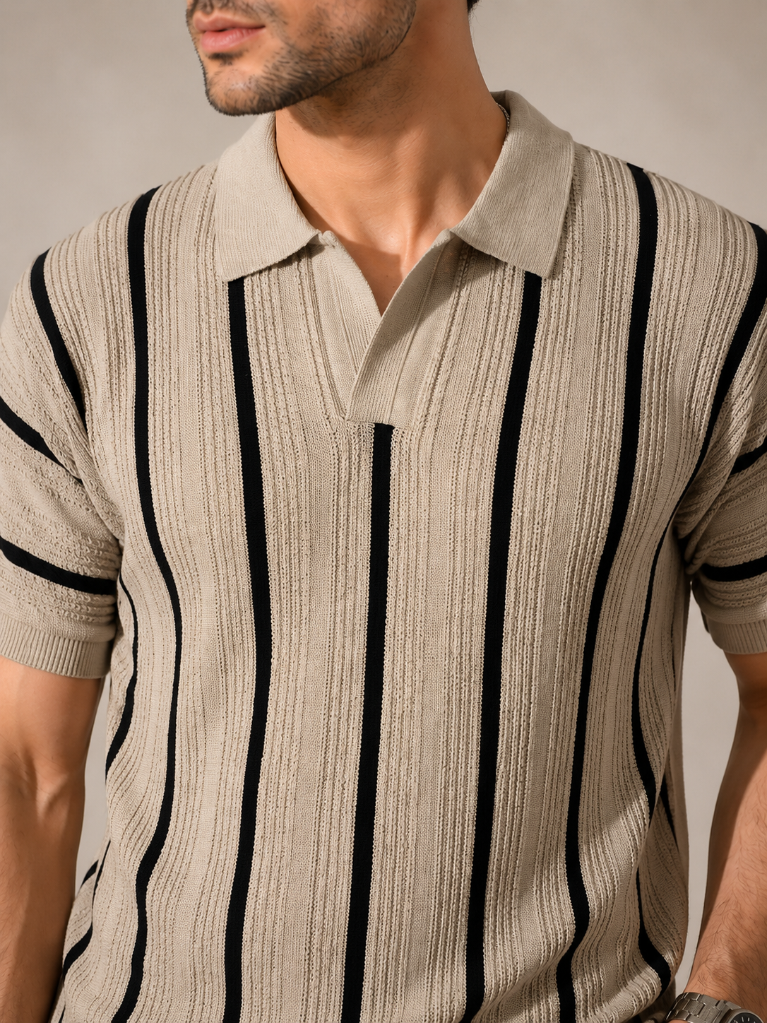 Raimbera Men's Vertical Striped Polo T-Shirt- Beige & Black