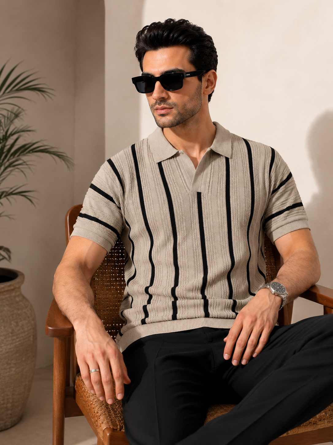 Raimbera Men's Vertical Striped Polo T-Shirt- Beige & Black