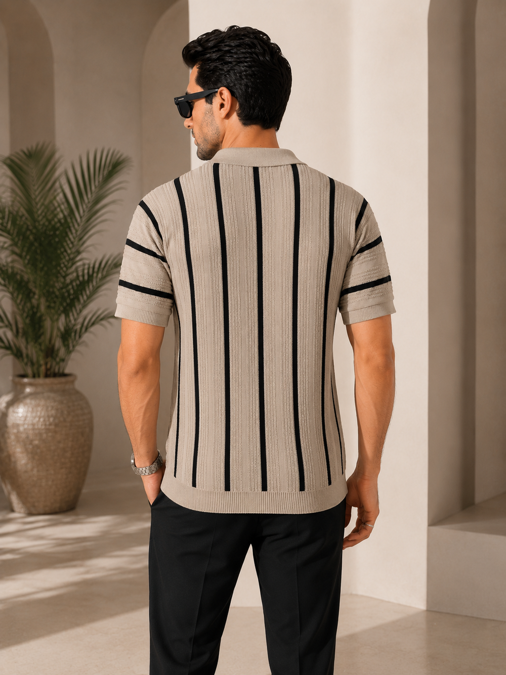 Raimbera Men's Vertical Striped Polo T-Shirt- Beige & Black