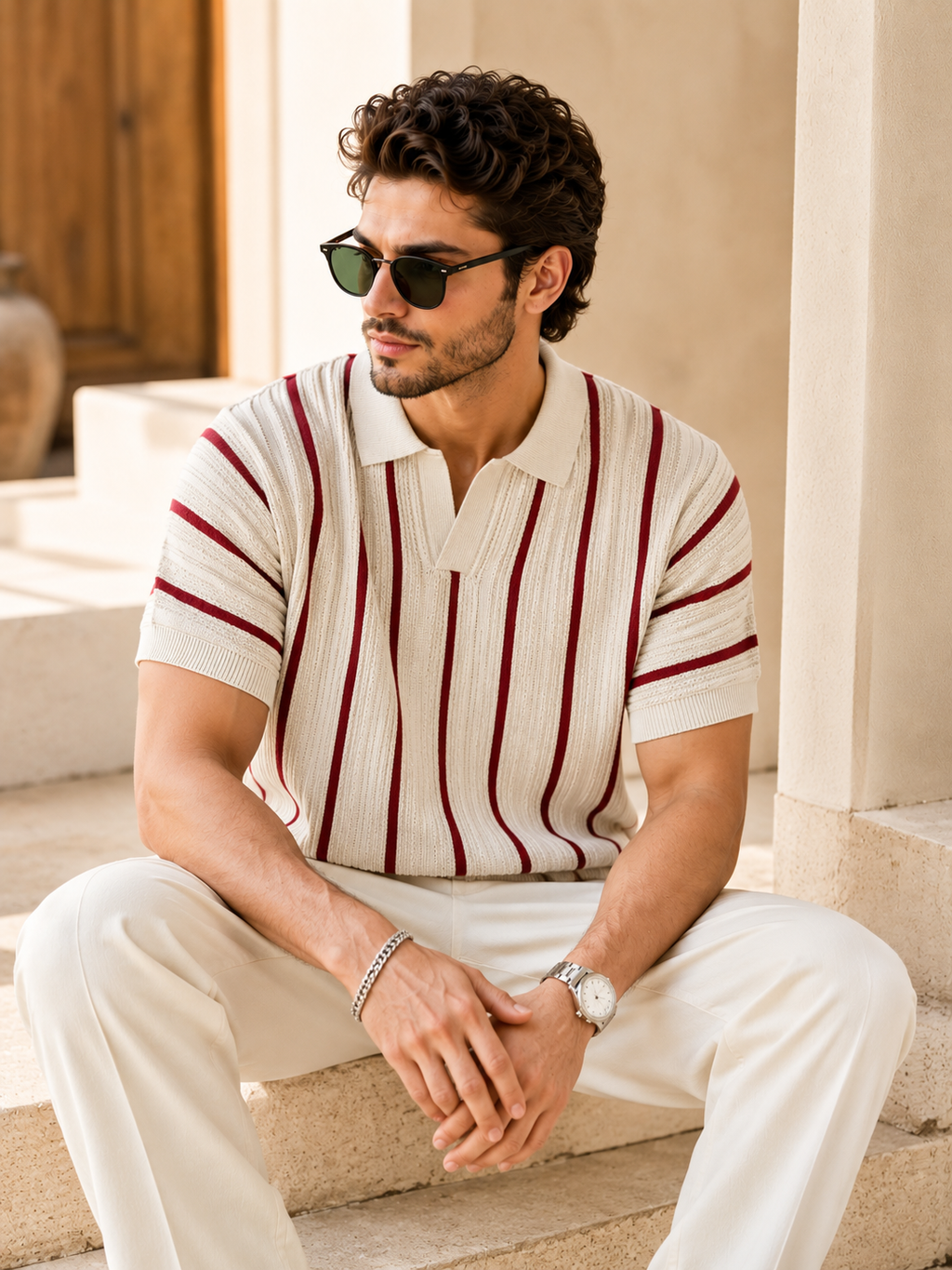 Raimbera  Men's Vertical Striped Polo T-Shirt  - Cream & Maroon