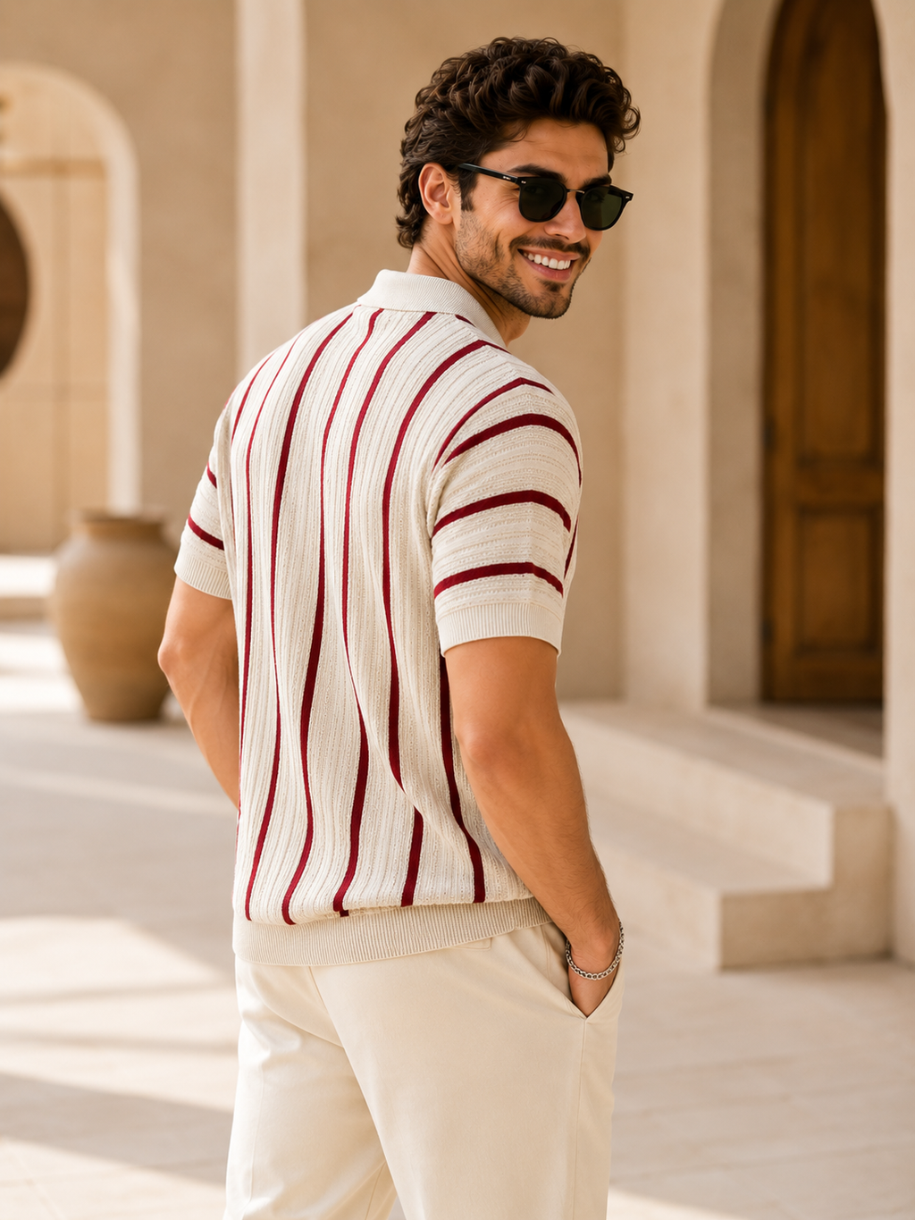 Raimbera  Men's Vertical Striped Polo T-Shirt  - Cream & Maroon