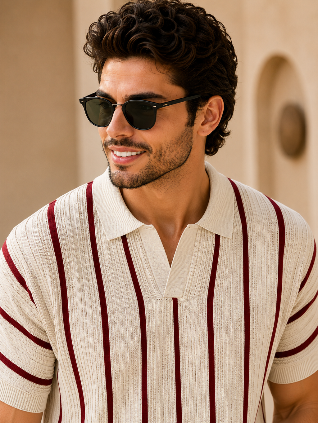 Raimbera  Men's Vertical Striped Polo T-Shirt  - Cream & Maroon