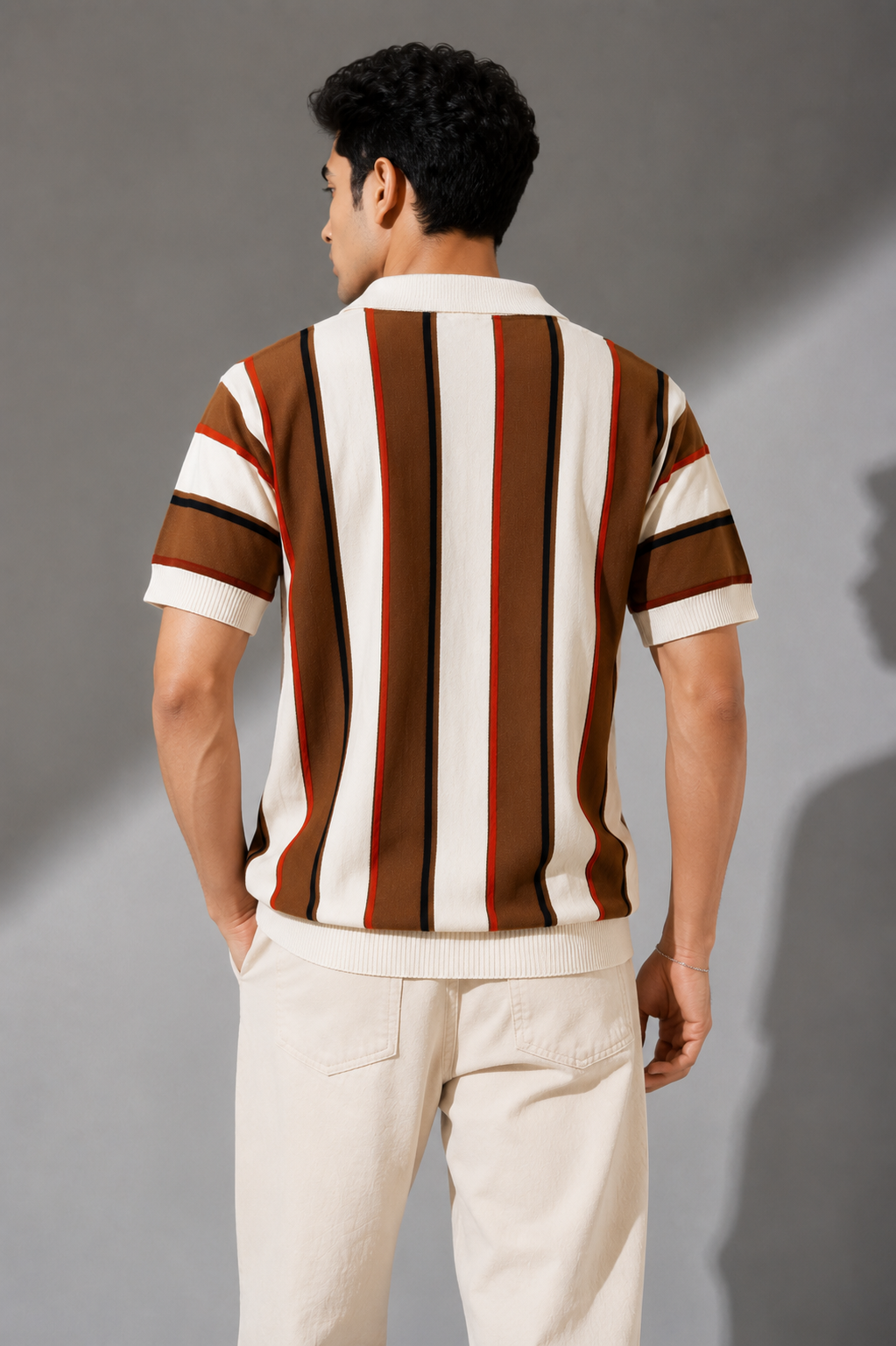 Raimbera  Men's Retro Vertical  Stripe Knit polo T-Shirt