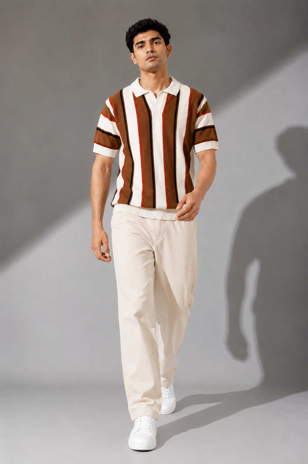 Raimbera  Men's Retro Vertical  Stripe Knit polo T-Shirt