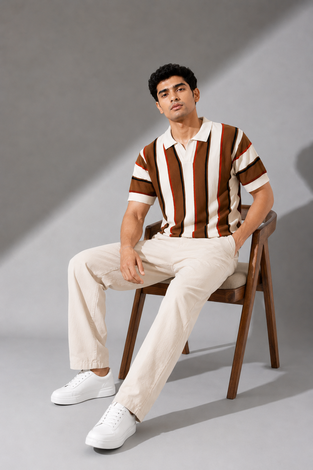 Raimbera  Men's Retro Vertical  Stripe Knit polo T-Shirt