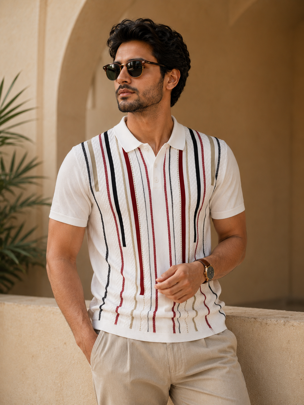 Luxury White Striped Polo Cotton T-shirt