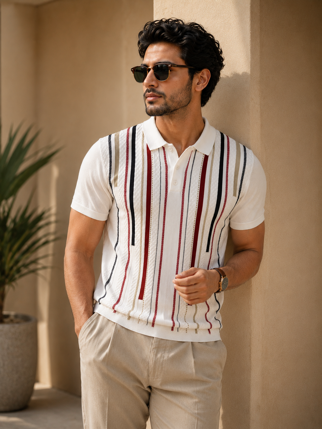 Luxury White Striped Polo Cotton T-shirt